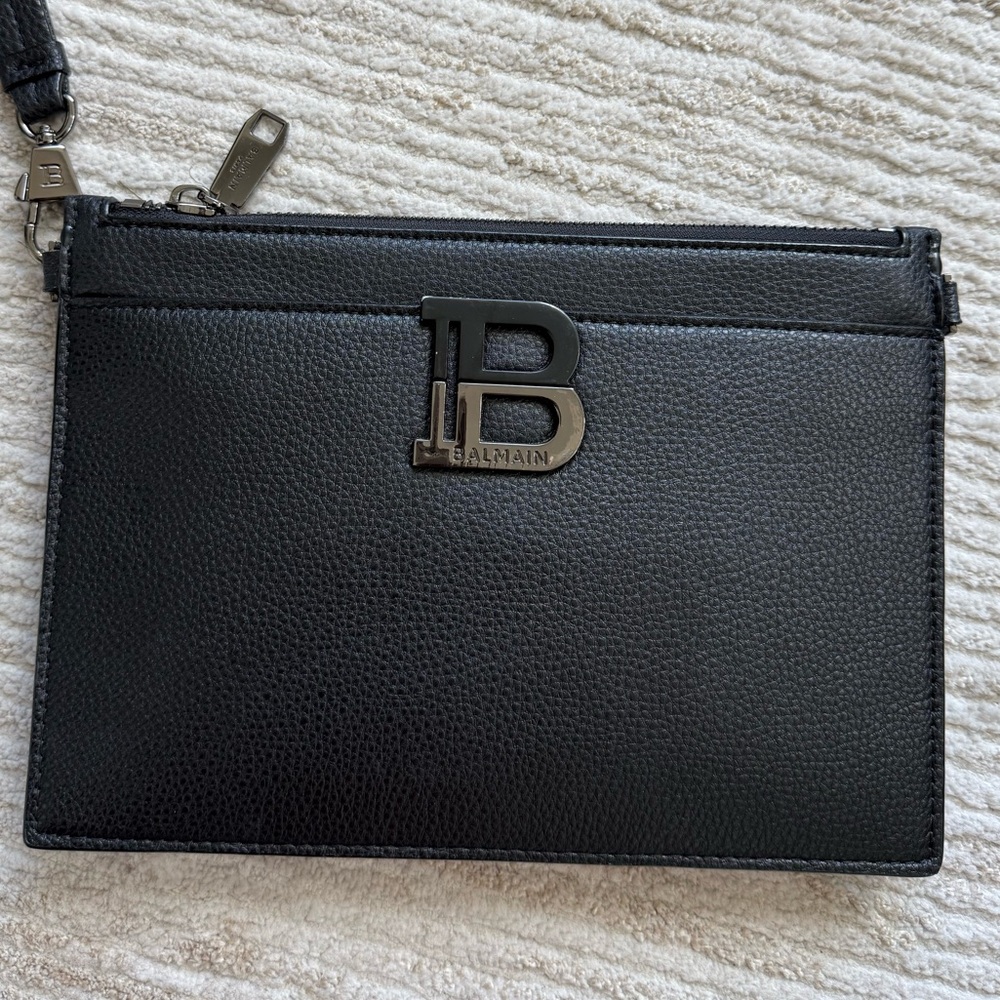 Balmain Black Textured Leather Crossbody Pouch